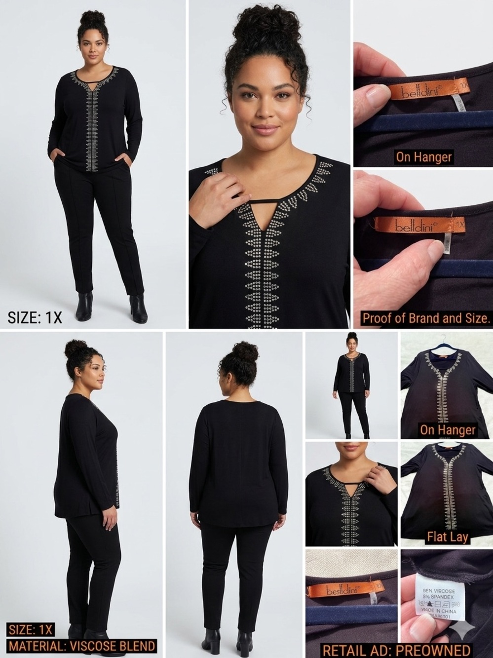 Belldini Black Rhinestone Embellished Keyhole V-Neck Tunic Top - Plus Size 1X